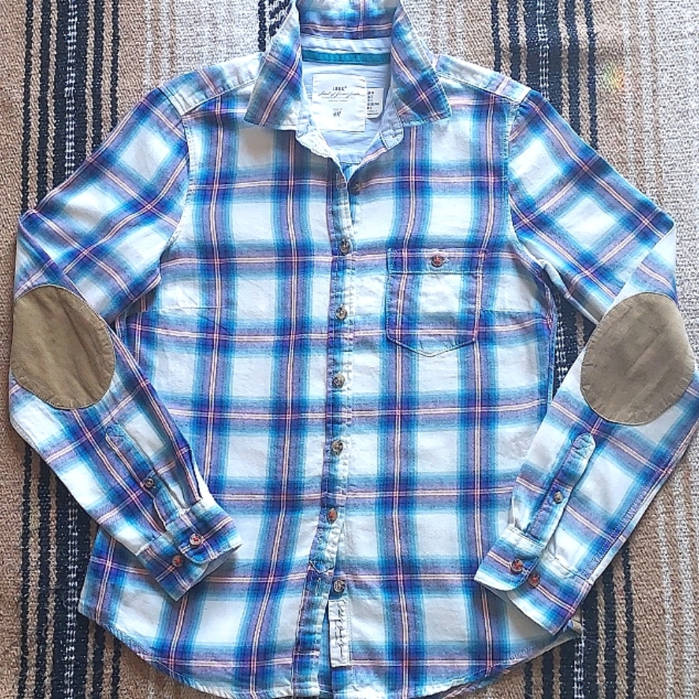 L.O.G.G. BY H&M, WOMENS WHITE/BLUE PLAID LONG SLEEVE BUTTON DOWN FLANNEL SHIRT